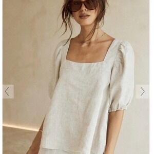 DISSH Natural Linen Puff Sleeve Square Neck Blouse Top Size 10